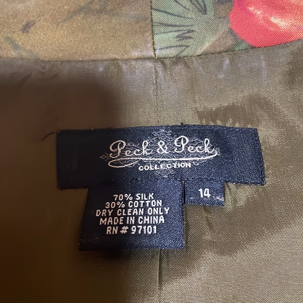 Peck & Peck Collection Women’s SZ 14 Floral Olive Open Front Silk Blend Blazer - Picture 7 of 13